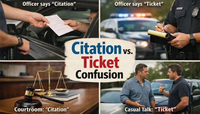 Why Do People Get Confused About Citation vs Ticket - My Legal Opinion - My Legal Opinion Explore the confusion between a Citation vs Ticket, commonly seen in everyday life and legal contexts. While both terms describe the same document issued by law enforcement for a traffic violation, their usage can vary. Officers might refer to it as a 'citation' during a traffic stop, while the public often uses the term 'ticket.' In the courtroom, the formal term 'citation' is typically used. This guide clarifies the confusion and explores the legal and social implications of these terms.