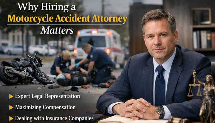 Why Hiring a Motorcycle Accident Attorney Matters - My Legal Opinion - My Legal Opinion Los Angeles Motorcycle Accident Attorney advising clients with a crash scene in the background and legal expertise highlighted.