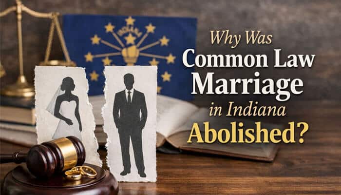 Why Was Common Law Marriage in Indiana Abolished? - My Legal Opinion - My Legal Opinion Common Law Marriage in Indiana: The legal implications of its abolishment. This image shows a gavel and torn figures symbolizing the dissolution of common law marriage, with an Indiana flag in the background. It highlights the historical change in Indiana law and its effect on couples who previously lived under common law marriage.