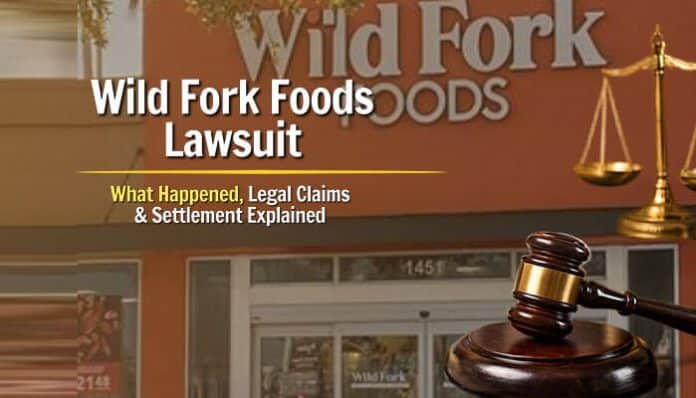 Wild Fork Foods Lawsuit headline over grocery store facade with legal gavel and scales, illustrating the workplace discrimination and product compliance controversies tied to the Wild Fork Foods Lawsuit