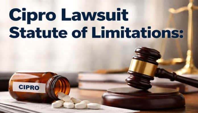 Cipro Lawsuit Statute of Limitations: Gavel and Cipro bottle representing the legal deadlines for filing lawsuits related to Cipro's side effects.