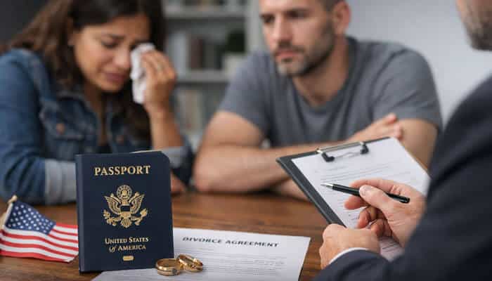 immigration filings - My Legal Opinion - My Legal Opinion Pursuit Family Law consultation showing divorce agreement, US passport, and emotional couple discussing immigration-related legal issues