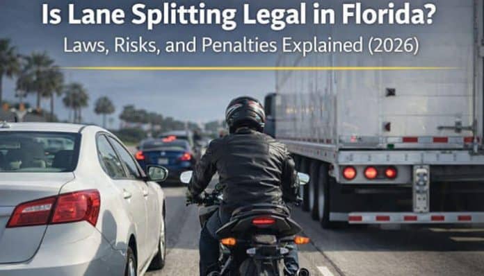 Motorcyclist lane splitting between cars on a Florida highway, illustrating the question: Is Lane Splitting Legal in Florida?