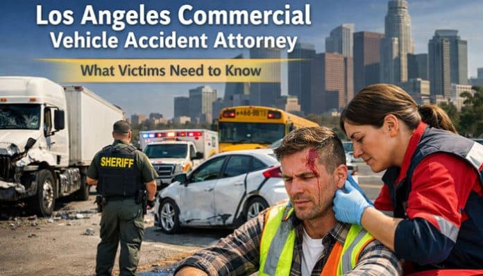 Los Angeles Commercial Vehicle Accident Attorney: Emergency responders assist a crash victim at a commercial vehicle accident scene in Los Angeles.
