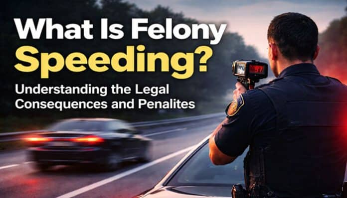 Police officer using radar gun to monitor speeding vehicle on the highway, depicting the concept of 'What Is Felony Speeding?' Felony speeding refers to excessive speeding that goes beyond typical traffic violations, often involving speeds significantly above the posted limit. This can result in severe legal consequences, including hefty fines, license suspension, or imprisonment depending on the severity and jurisdiction.