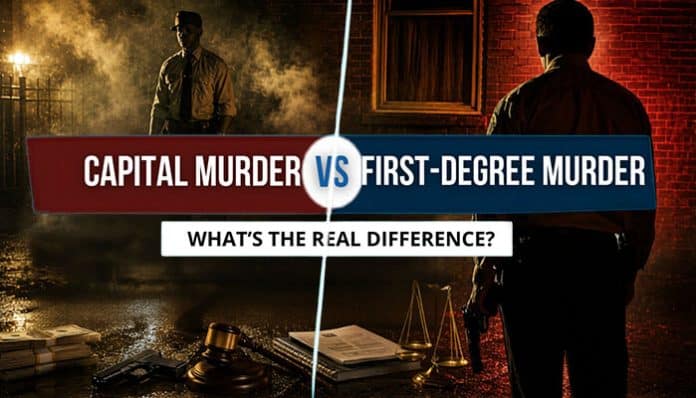 Photo illustrating the legal comparison of Capital Murder vs First‑Degree Murder, showing courtroom setting with scales of justice, law books labeled ‘Capital Murder’ and ‘First‑Degree Murder,’ and a judge’s gavel to visually convey the key differences in charges and penalties.