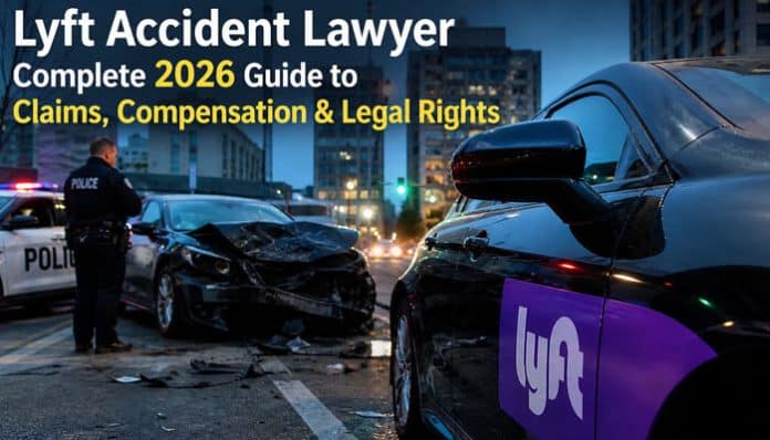 Lyft Accident Lawyer analyzing crash scene with damaged rideshare vehicle, police presence, and urban traffic accident evidence for injury claims