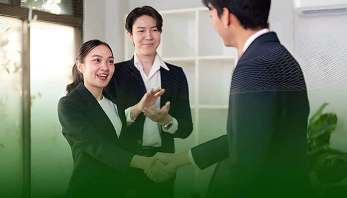 A legal solutions company representative coming to an agreement with a client