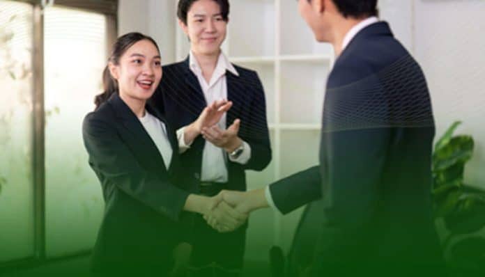 A legal solutions company representative coming to an agreement with a client