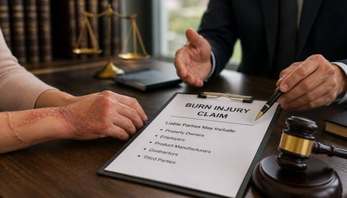 Who Can Be Held Liable in a Burn Injury Case - My Legal Opinion - My Legal Opinion Burn Injury Attorney discussing burn injury claim with client showing legal document and liability details