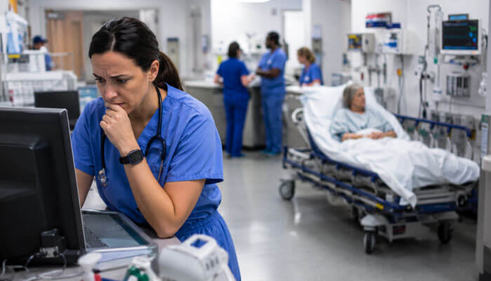 Delaying Essential Medical Interventions - Tycoonstory - My Legal Opinion Nurse in blue scrubs typing at a computer in a busy hospital ward with a patient resting in a bed in the background.