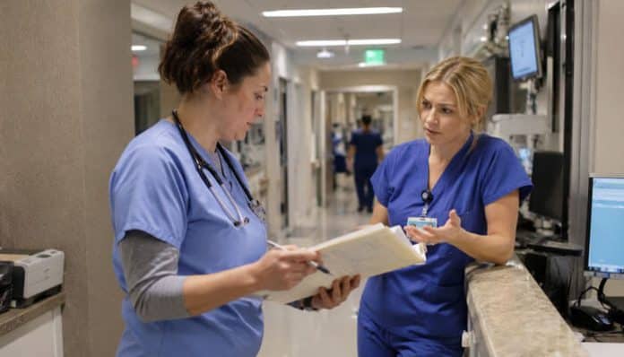 Two nurses in blue scrubs review a clipboard and discuss patient notes in a hospital hallway with colleagues in the background.