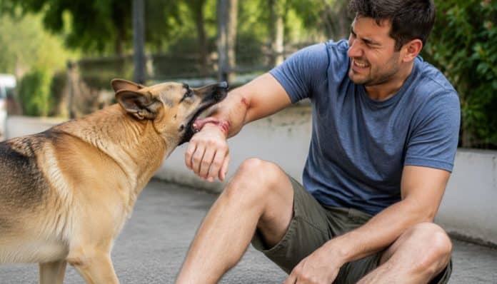 Man sits on the ground smiling as a dog playfully bites his forearm.
