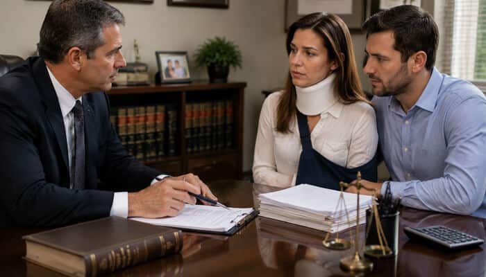 Securing Fair Compensation for Your Losses - My Legal Opinion - My Legal Opinion Lawyer reviewing documents with a couple at a desk in a formal office.