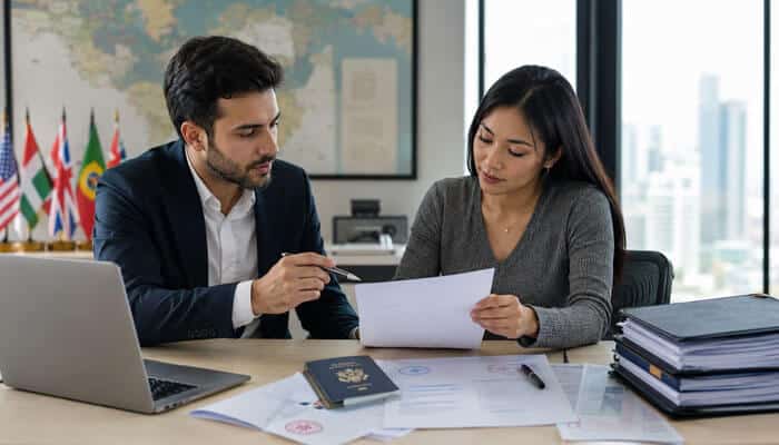 Best Practices for Businesses and Individuals Managing Cross-Border Legal Documents - My Legal Opinion - My Legal Opinion Man and woman in business attire review a document at a desk in a modern office, with a laptop, passports, and folders nearby.