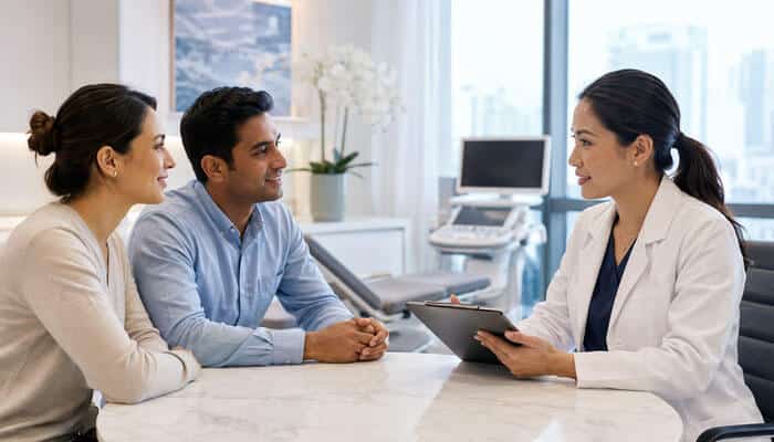 How to Choose an International Fertility Clinic - My Legal Opinion - My Legal Opinion A couple chats with a female doctor at a clinic desk, the doctor holding a tablet.