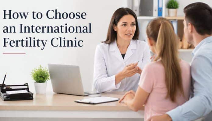 Clinic consultation: doctor discusses options with a couple at a desk, article title 'How to Choose an International Fertility Clinic' on the left.
