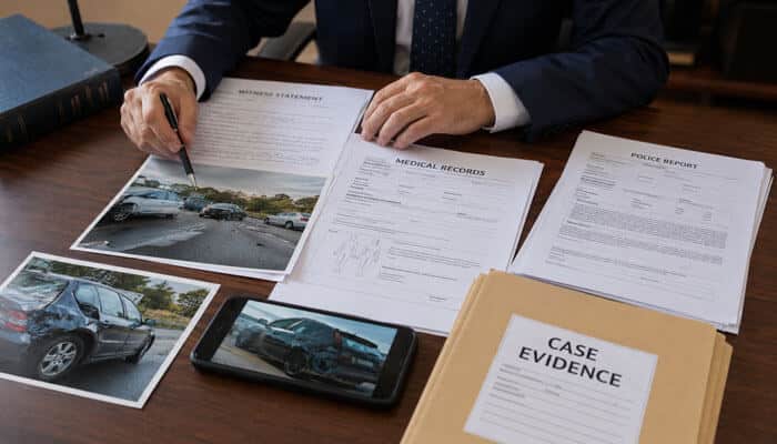 Important Evidence for a Personal Injury Case - Tycoonstory - My Legal Opinion Person in a suit signs papers at a desk, with car‑crash photos, medical and police reports, a phone displaying the crash video, and a labeled 'Case Evidence' folder.