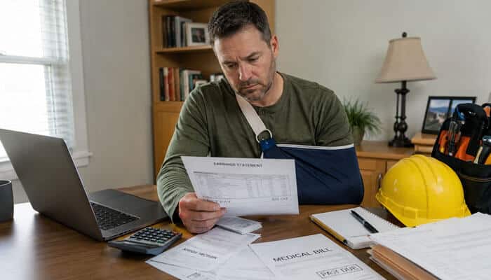 Reduced Earning Ability - Tycoonstory - My Legal Opinion Man with an arm in a sling reads medical bills at a cluttered desk, with a laptop and scattered papers nearby.