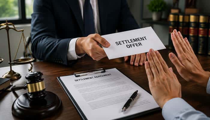 Settlement Offer remain visible on the document - Tycoonstory - My Legal Opinion A lawyer in a suit hands a settlement offer to a client across a desk, with a signed settlement agreement and gavel visible.