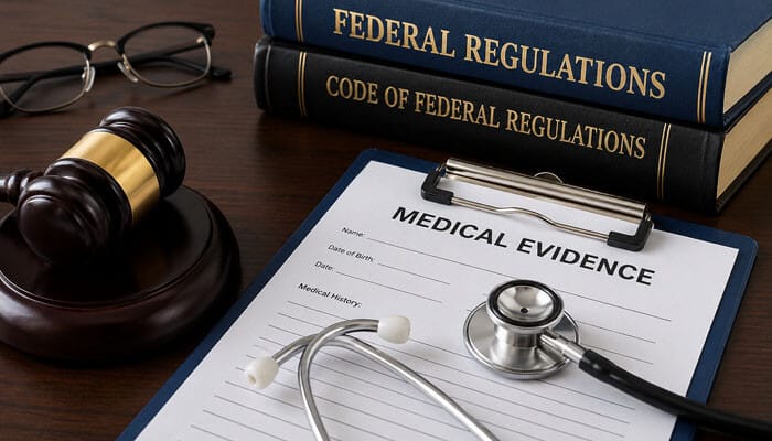 Utilizing Federal Regulations and Medical Evidence - Tycoonstory - My Legal Opinion Clipboard labeled 'Medical Evidence' with a stethoscope, a judge's gavel, and stacked CFR law books on a wooden desk.