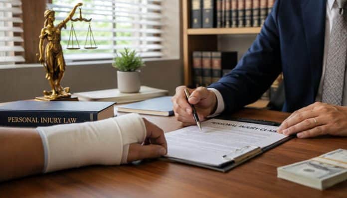 Lawyer signing a legal document at a desk for a personal injury case, with scales of justice and a 'Personal Injury Law' book nearby.