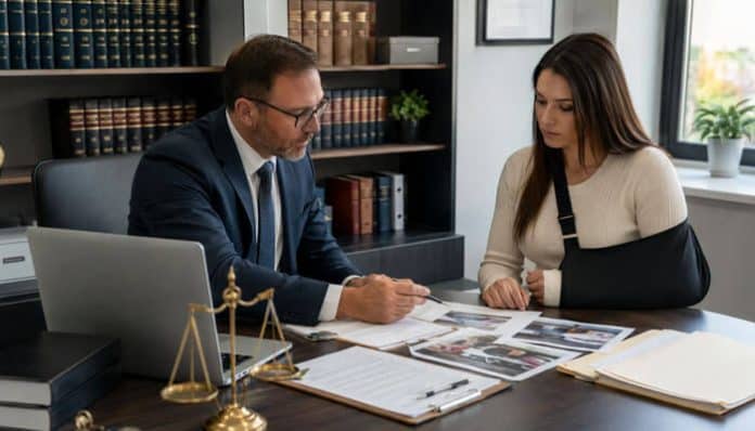 Personal Injury Accident Lawyer reviewing accident evidence with an injured client wearing an arm sling