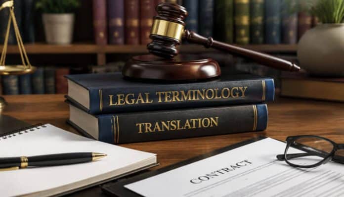Why Legal Terminology Should Never Be Translated Literally - My Legal Opinion Legal Terminology and translation books beside a gavel and contract, highlighting the importance of accurate legal language.