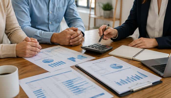 Better Financial Management - My Legal Opinion - My Legal Opinion Three professionals collaborate at a table with charts, a calculator, notebook pages, and a laptop on a wooden desk.