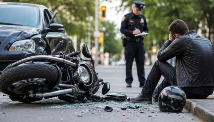 Motorcycle crash scene: a damaged bike and car on a city street while a distressed man sits on the curb and a police officer surveys the scene in the background.