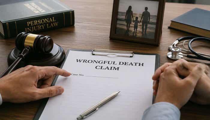 How an Injury Case Becomes a Wrongful Death Claim - Tycoonstory - My Legal Opinion Wrongful death claim form on a desk, with a gavel, stethoscope, and law book nearby, implying legal action.