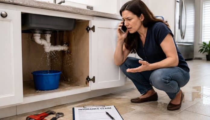 Woman crouched by a leaking kitchen sink, talking on her cell phone, blue bucket catching water; an insurance claim form lies on the floor nearby.