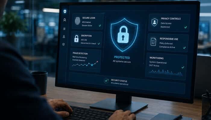 Protective Functions Built Into the Architecture - My Legal Opinion - My Legal Opinion Monitor showing a cybersecurity dashboard with a glowing shield and a 'PROTECTED' banner, plus status tiles like Secure Login, Encryption, and Privacy Controls on the sides.