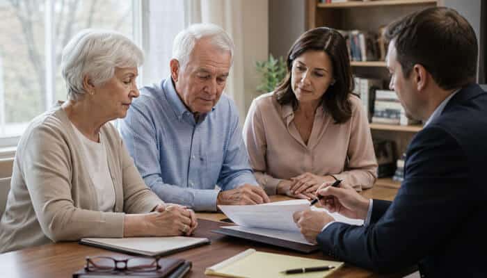 Retirement and Aging Bring Their Own Family Law Considerations - My Legal Opinion - My Legal Opinion Older couple with a female companion review documents with a male advisor at a table in a bright room.