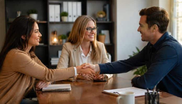 Three colleagues at a wooden table shake hands in a friendly business meeting.