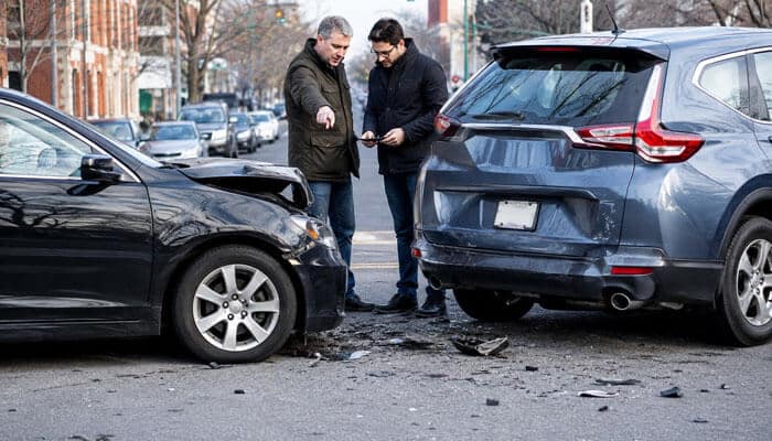 What Does the New Rule Mean for New York Motor Vehicle Accident Claims - My Legal Opinion - My Legal Opinion Two men stand between a black sedan and a blue SUV after a collision, one pointing toward the damage and debris on the street nearby, as they discuss.