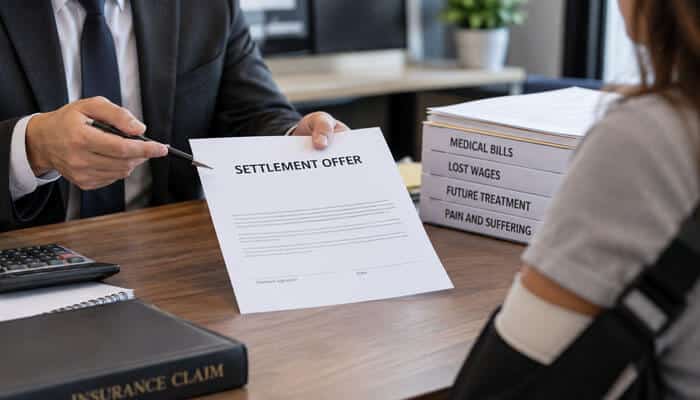 Early Settlement Offers May Not Reflect the Full Value of a Claim - My Legal Opinion - My Legal Opinion A businessperson in a suit hands a settlement offer to an injured client across a desk, with medical-bill folders nearby.