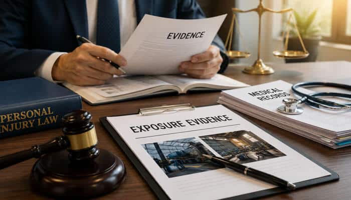 Lawyer reviews evidence documents on a desk, with a gavel, scales of justice, and medical records nearby.