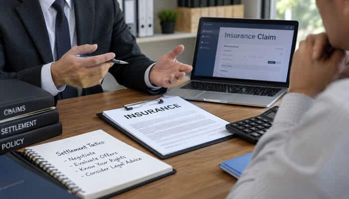 Handling Insurance Companies and Settlement Tactics - My Legl Opinion - My Legal Opinion Two professionals discuss an insurance claim at a desk, with documents labeled INSURANCE and a laptop showing an Insurance Claim form.