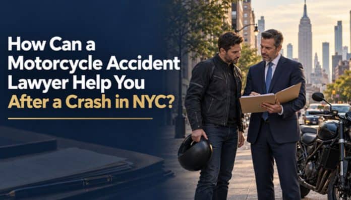 Ad banner showing a lawyer in a suit reviewing documents with a motorcyclist beside a parked motorcycle, NYC skyline in background, text asks how a motorcycle accident lawyer can help after a crash in NYC.