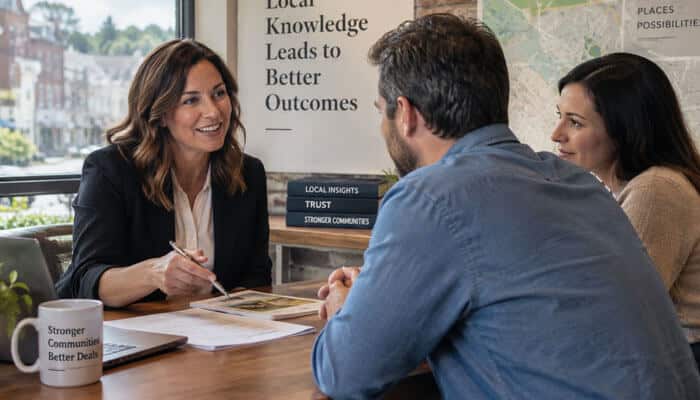 How Local Familiarity Affects Negotiations - My Legal Opinion - My Legal Opinion Three colleagues discuss documents at a wooden table in a bright office; a poster behind reads 'Local Knowledge Leads to Better Outcomes.'