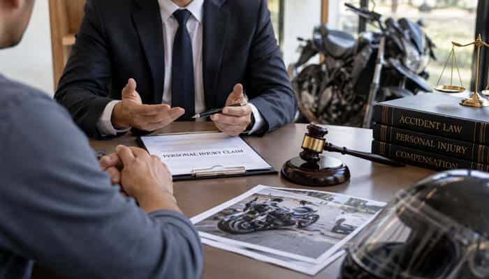 What Compensation Can a Motorcycle Accident Lawyer Help You Recover - My Legal Opinion - My Legal Opinion Lawyer in a suit explaining documents to a client across a desk in a law office, with a gavel and scales nearby.