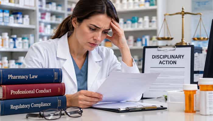 Common Violations That Lead to Pharmacist Discipline - Tycoonstory - My Legal Opinion Female pharmacist in a white coat reads documents at a pharmacy desk, with law books and a 'Disciplinary Action' sign in the background.