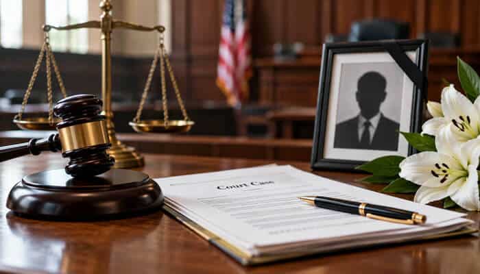 Deaths During Litigation - My Legal Opinion - My Legal Opinion Dog-Bite Case courtroom scene featuring a judge's gavel, scales of justice, legal documents, and memorial portrait.