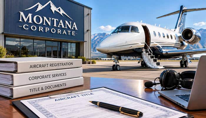 Montana Corporate Best for aircraft and long operating history - My Legal Opinion - My Legal Opinion Stacked aircraft registration documents on a desk with a private jet parked outside Montana Corporate building in the background.