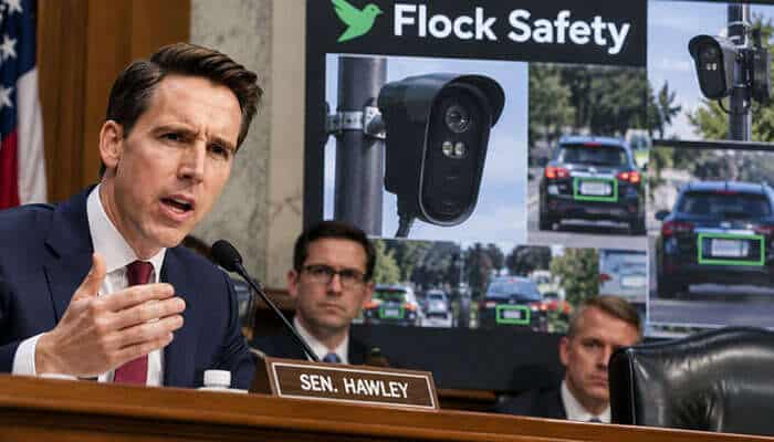 Why Is Congress Investigating Flock Safety - My Legal Opinion - My Legal Opinion AI-generated illustration of Senator Josh Hawley at a congressional hearing with a Flock Safety surveillance camera display, related to the Stop Flock Abuse Act.